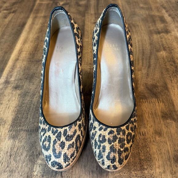 Stuart Weitzman Women’s Raffia Leopard Chetah Leather Cork Wedge Pumps Size 6 - Picture 4 of 10